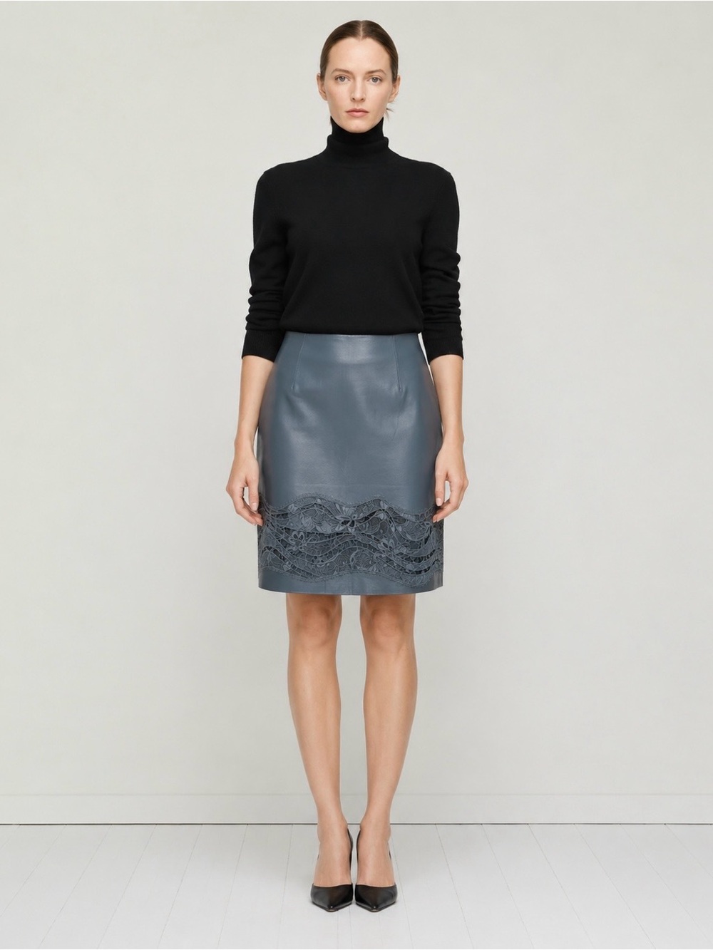 Lafayette 148 NY 100% Leather Lace Skirt Earl Grey Luxury Designer Size 16